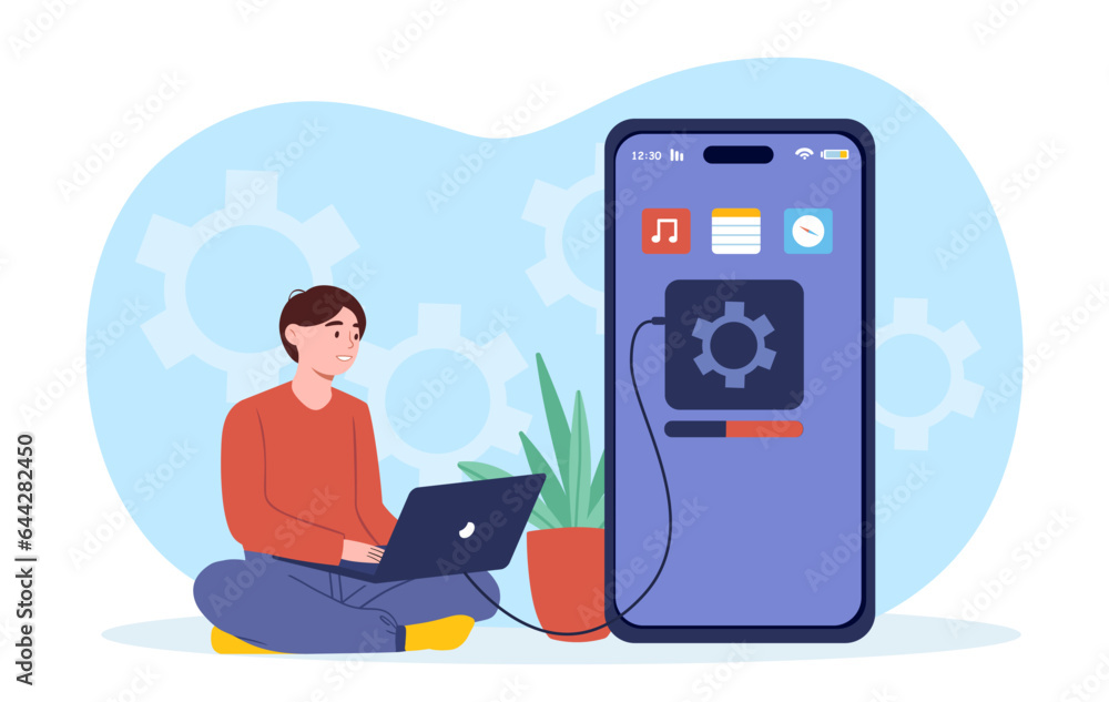 Poster transfer files from smartphone to computer. synchronization of devices and data transfer. electronic