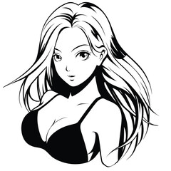 Cute beautiful sexy anime girl flat vector black and white color