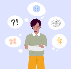 Sad man concept. Frustration and depression, negative emotions. Bad mood and feelings. Young guy with mental problems and psychological illness, disorder. Cartoon flat vector illustration