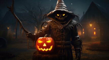 Death in a black sweatshirt with glowing eyes in the forest. holiday of the dead. halloween pumpkin. the day of the Dead.