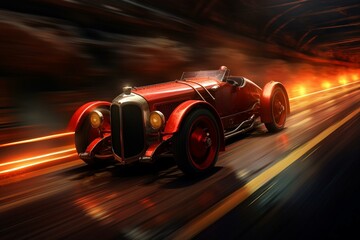 A speedster zooms on a dimly lit track with a glowing red streak on its flank. Generative AI