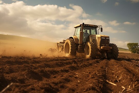 A tractor preparing soil for planting on a farm. Generative AI