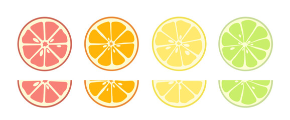 Set of citrus. Summer dessert and delicacy. Lemon, lime and orange, grapefruit. Natural and organic products with vitamins. Cartoon flat vector collection isolated on white background