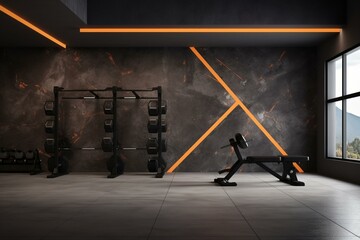 Modern gym interior with a plain wall for mockup of gym wall logo. Generative AI