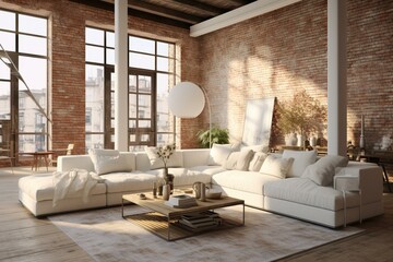 Modern chic loft with exposed brick walls and a pristine white sofa. Generative AI