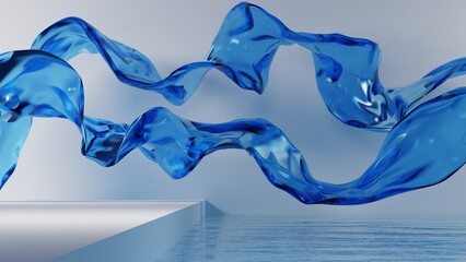 minimal white podium with transparent glass wavy ribbon on water, Abstract geometric background in blue Iridescent color, Modern platform mockup for product presentation