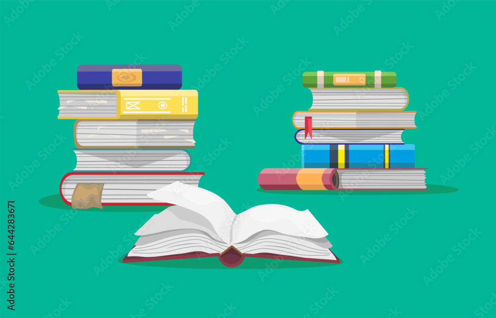 Poster stack of books set. knowledge and information. fiction and textbook. studying and learning, educatio
