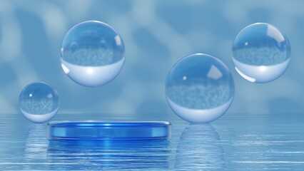 pool water surface with minimal blue glass podium display, empty pedestal for cosmetic product presentation