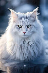 Long Hair White Cat in the Snow