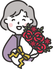 赤い花束をもらってよろこぶ高齢女性のイラスト　還暦のお祝い　敬老の日
