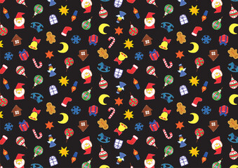 Christmas pattern of handwritten colorful ornaments on a black background　黒地に手書きカラフルオーナメントのクリスマスパターン