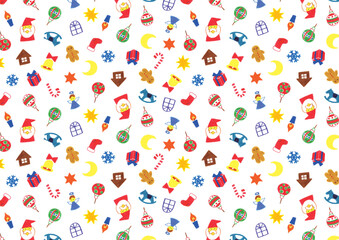 Obraz premium Christmas pattern of handwritten colorful ornaments on a white background 白地に手書きカラフルオーナメントのクリスマスパターン 