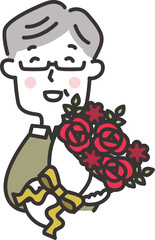 赤い花束をプレゼントされてよろこぶ高齢男性のイラスト　還暦のお祝い　敬老の日
