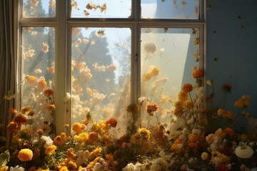 A room's window reveals lifeless flowers, emphasizing the struggle posed by climate change. Generative AI