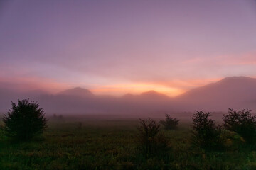 夜明けの奥日光小田代原から朝霧と朝焼け