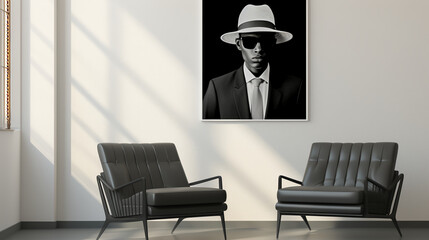 2 chairs and print of man in suit and white hat - black and white