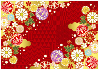 和風、七五三、年賀状、女の子、赤、鞠、文様、花、菊、桜、和柄、背景、フレーム、横