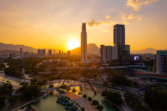 Monterrey, Nuevo Le&oacute;n, Mexico - September 2, 2023 - Photo of the Sunset at Paseo Santa Lucia inside Parque Fundidora.