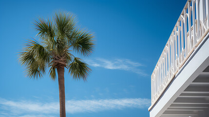 Fototapeta na wymiar Low angle view of corner of house and palm tree - blue skies 