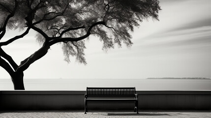 Tree - ocean - water - park bench - black and white 