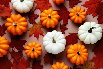 Pattern with lot of orange and white pumpkins and red maple leaves. Holiday decoration, festive autumn decor. Concept of Thanksgiving day or Halloween. Flat lay autumn composition