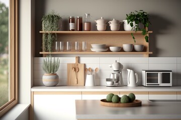 Fototapeta na wymiar シンプルな棚の収納のある美しいキッチン 白い雑貨と観葉植物