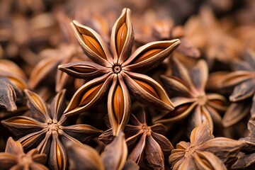 A close-up view of star anise seeds used in cooking and Chinese cuisine. Generative AI