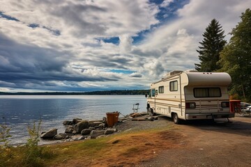 RV parked lakeside under cloudy sky. Generative AI