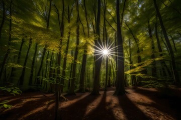 Fototapeta na wymiar rays of light in the forest ,Spheric panorama in a forest, magnificent upwards view to the treetops 