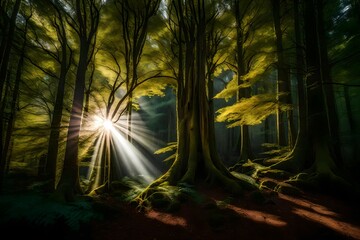 rays of light in the forest ,Spheric panorama in a forest, magnificent upwards view to the treetops 