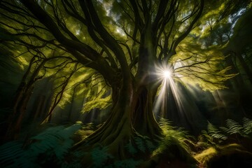 rays of light in the forest ,Spheric panorama in a forest, magnificent upwards view to the treetops 