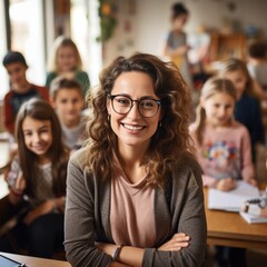 Fototapeta premium Portrait of smiling female teacher standing in a class at elementary school looking at camera with learning students on background