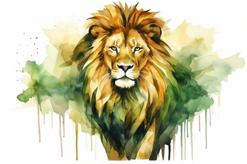 Watercolor fashion lion with abstract shapes in gold and green, isolated on white. Generative AI