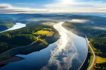 Aerial view of the Orlik Reservoir, the biggest hydroelectric dam in Czech Republic and significant European renewable energy source. Generative AI - obrazy, fototapety, plakaty