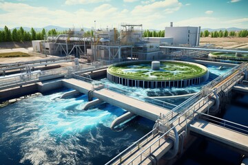 Wastewater filtration and recycling in an industrial sewage treatment facility. Generative AI - obrazy, fototapety, plakaty