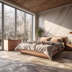 A wood style bedroom with a white metal bed a wood 

