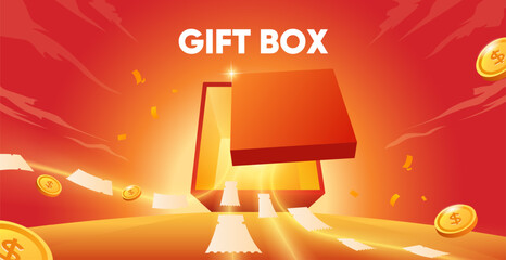 Vector open gift box top view with discount card and coin flying out