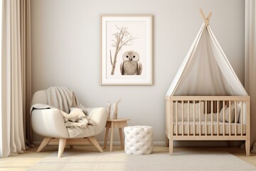 Farmhouse-inspired 3D nursery mockup with framed poster. Generative AI