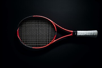 Bird's-eye view of tennis racket and ball against a black backdrop. Generative AI