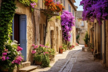 Charming streets in small French village - Lectoure, adorned with flowers and serenely narrow. Generative AI