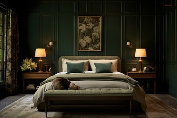 Modern vintage green bedroom featuring a bed. Generative AI