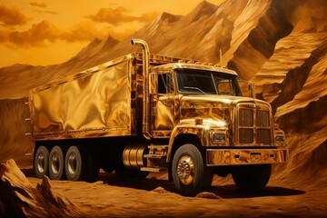 Golden truck on a golden backdrop. Generative AI