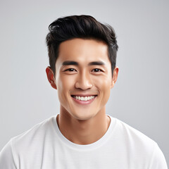 portrait of a handsome asian man smiling with clean teeth