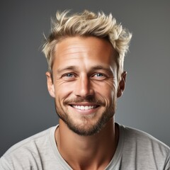 portrait of a handsome blonde scandinavian man smiling with clean teeth - obrazy, fototapety, plakaty