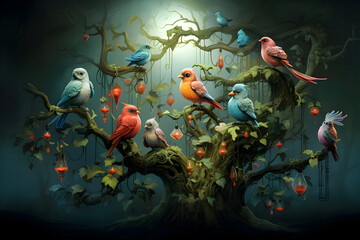 Fototapeta na wymiar An imaginative scene of birds of different species perched on a mystical tree in a forest