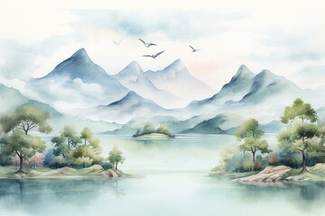 Charming watercolor illustration of a delightful mountain landscape with hills, a lake, bird, and clouds. Generative AI