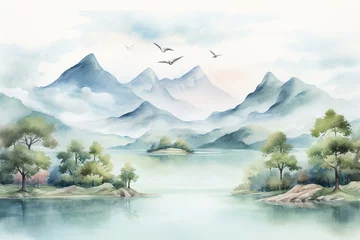 Rollo Charming watercolor illustration of a delightful mountain landscape with hills, a lake, bird, and clouds. Generative AI © Dariel