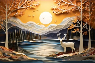 Modern 3D mural depicting lake, mountains, golden deer, Christmas tree, sun, clouds, and birds, perfect for wall framing. Generative AI