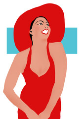 Femme souriante avec un chapeau et une robe rouge dessin couleur aplat - 644289632