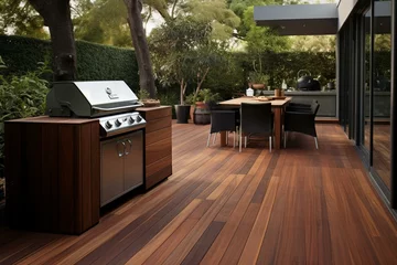Fotobehang Luxury teak flooring on outdoor patio with barbecue. Generative AI © Zara